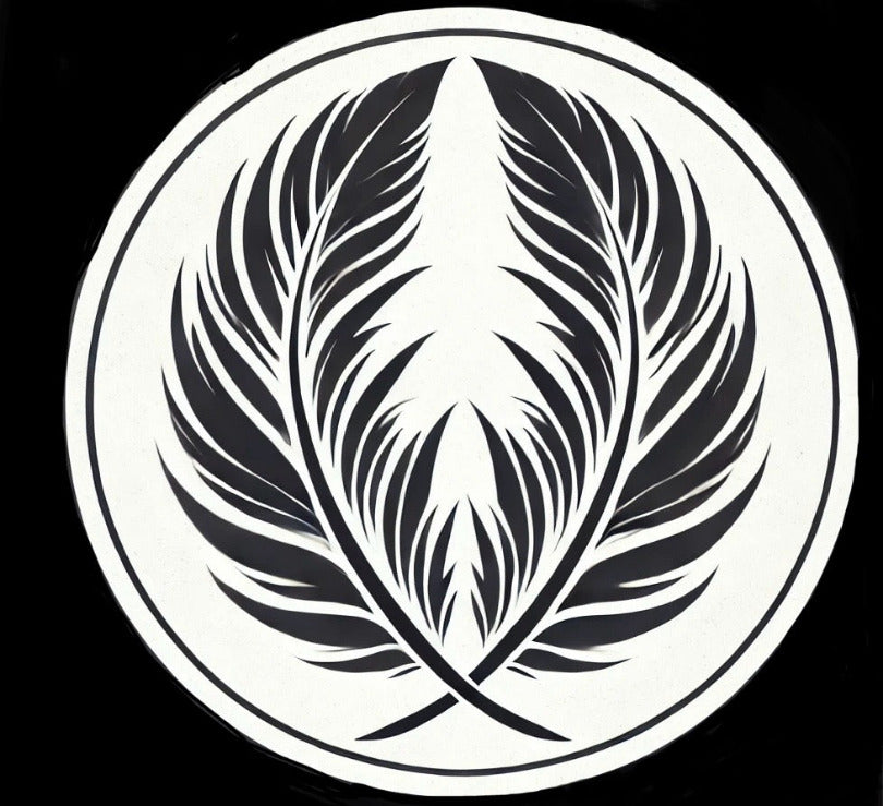 Black feather design on a white circular border against a black background